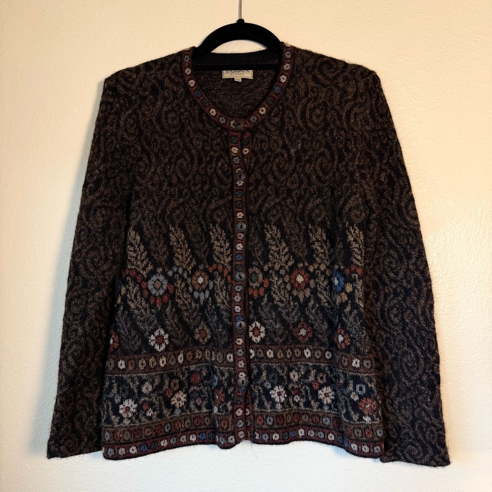 Intiwara Alpaca Cardigan, Dark Floral Print, Size Medium